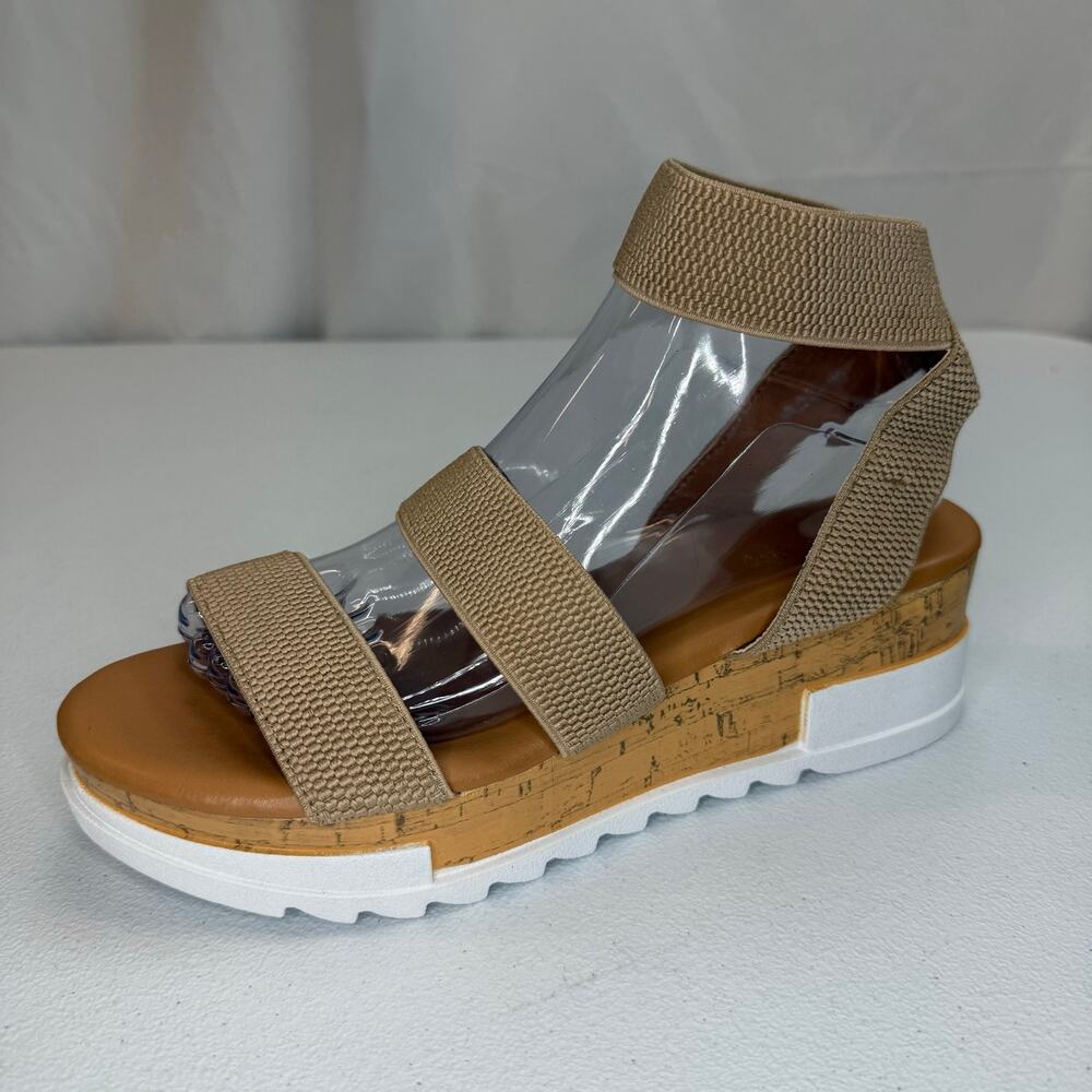 Athlefit Women's Wedge Sandals Platform Cork Elastic Strap Sandal Size 8.5 Beige